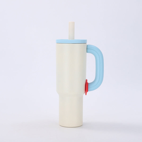 White Blue 40Oz Macron Stainless Steel Insulated Tumbler With Handle And Straw 14.8 X 10.5 28 Cm Large Capacity Car Friendly Travel Mug Vacuum Flasks