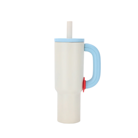 White Blue 40Oz Macron Stainless Steel Insulated Tumbler With Handle And Straw 14.8 X 10.5 28 Cm Large Capacity Car Friendly Travel Mug Vacuum Flasks