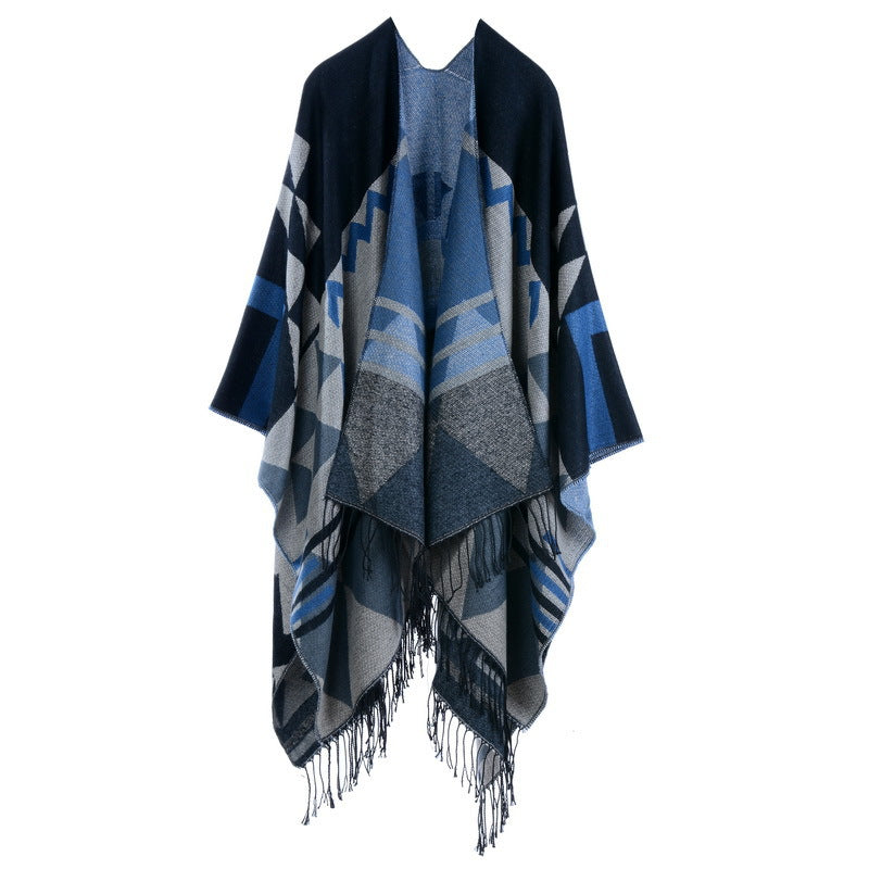Black Blue Palindrome Fringe Bohemian Shawl Cloak 160 X 135 Cm Ethnic Inner Mongolia Style Double Sided Scarf Cape Scarves & Wraps