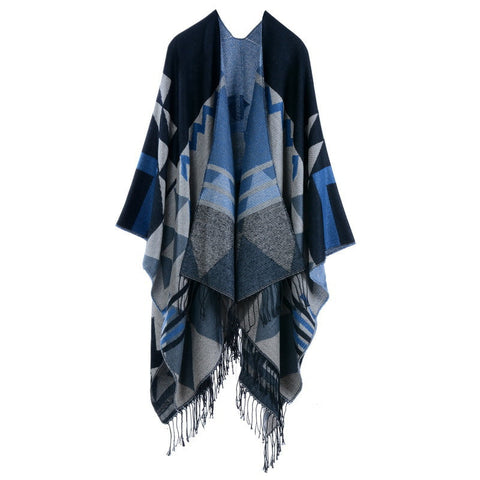 Black Blue Palindrome Fringe Bohemian Shawl Cloak 160 X 135 Cm Ethnic Inner Mongolia Style Double Sided Scarf Cape Scarves & Wraps