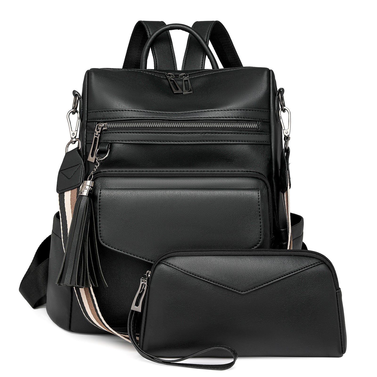 Black Women's Retro Pu Leather Backpack Dual Color Tassel Design Winter High End Style Women Backpacks