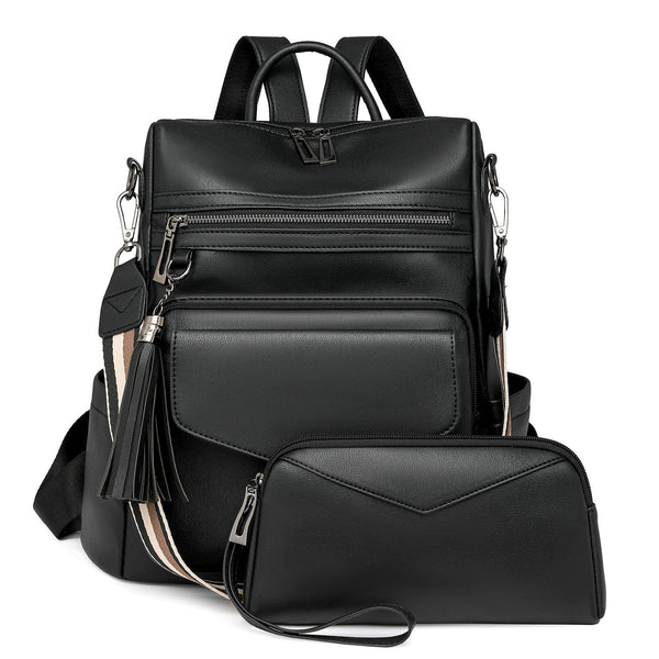 Black Women's Retro Pu Leather Backpack Dual Color Tassel Design Winter High End Style Women Backpacks