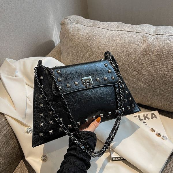 Black Women's Retro Studded Envelope Shoulder Bag Chain Strap Crossbody Tote In Four Colors Women's Bags & Handbags