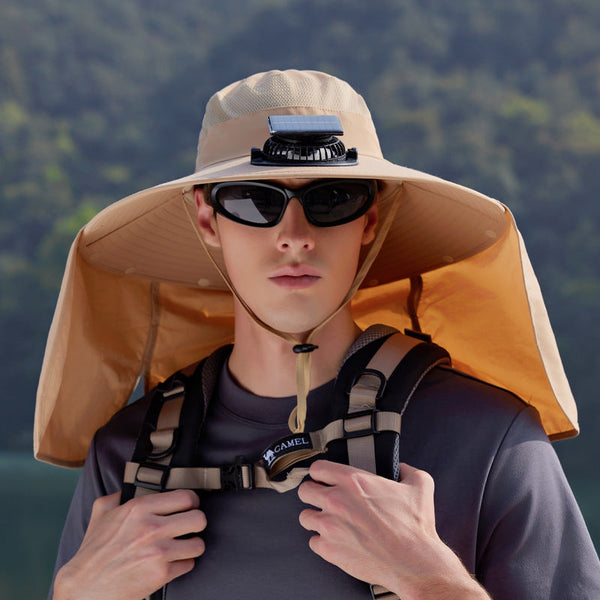 Khaki Outdoor Solar Fan Sun Hat Large Brim Fishing Hiking With Neck Cape Hats & Headwear