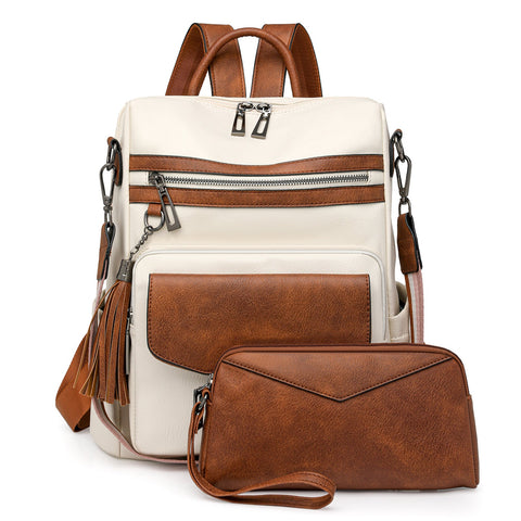 White Brown Womens Retro Pu Leather Backpack Dual Color Tassel Design Winter High End Style Women Backpacks