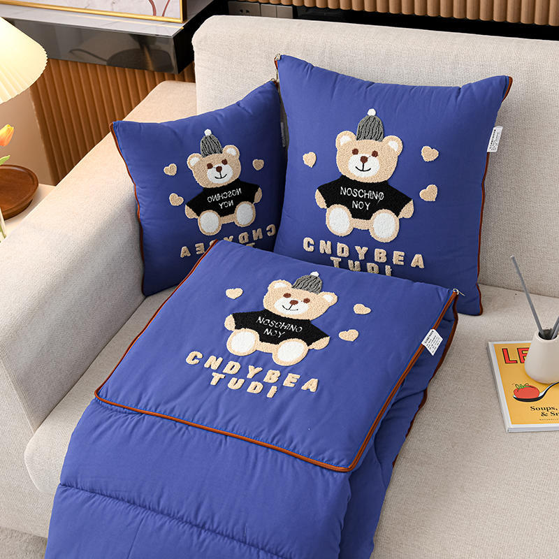 Navy Blue Cap Bear 2 In 1 Foldable Car Pillow Blanket Cozy 40X40cm Unfolds To 100X150cm For Travel And Office Naps Blankets