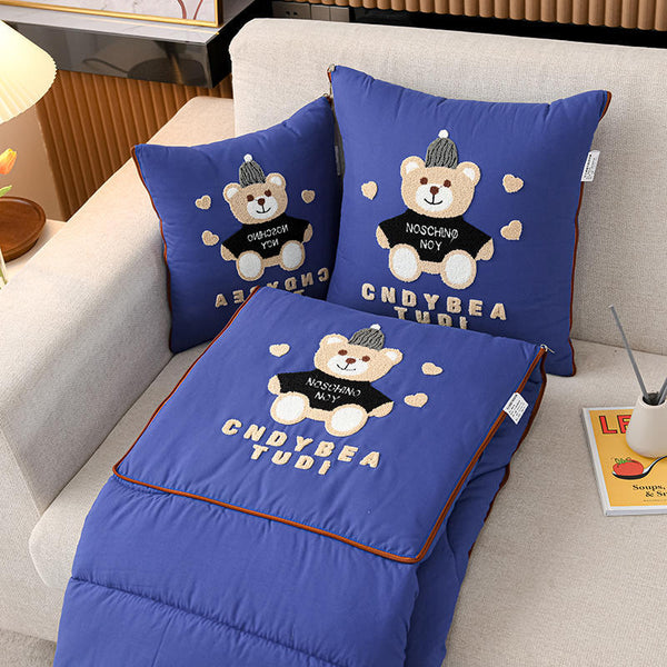 Navy Blue Cap Bear 2 In 1 Foldable Car Pillow Blanket Cozy 40X40cm Unfolds To 100X150cm For Travel And Office Naps Blankets