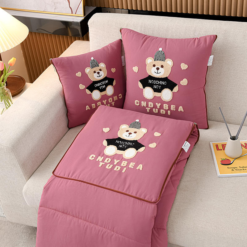 Pink Cap Bear 2 In 1 Foldable Car Pillow Blanket Cozy 40X40cm Unfolds To 100X150cm For Travel And Office Naps Blankets