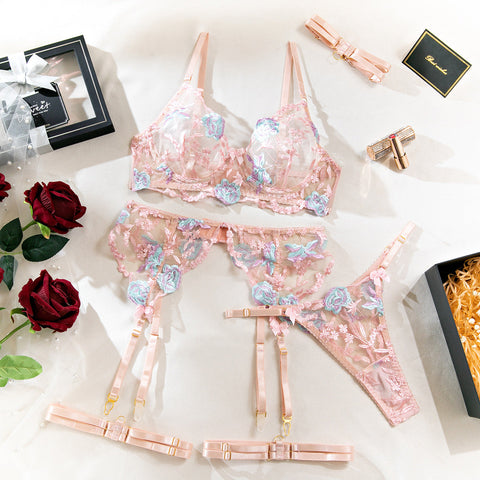 S Pink  Sheer Floral Embroidery Lingerie Set Open Butt Shapewear Five Piece Bras & Bra Sets