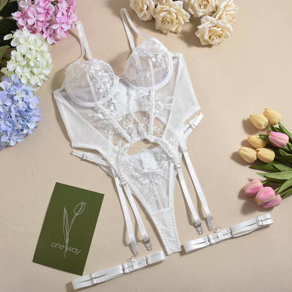 M White 3 Piece Embroidered Lace Lingerie Set With Boned Corset Seductive Elegance Bras & Bra Sets