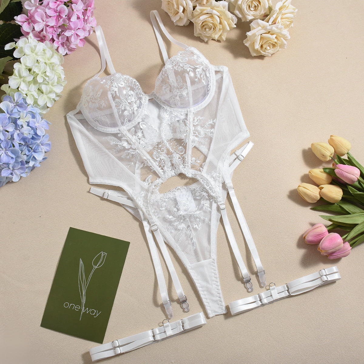 Xl White 3 Piece Embroidered Lace Lingerie Set With Boned Corset Seductive Elegance Bras & Bra Sets