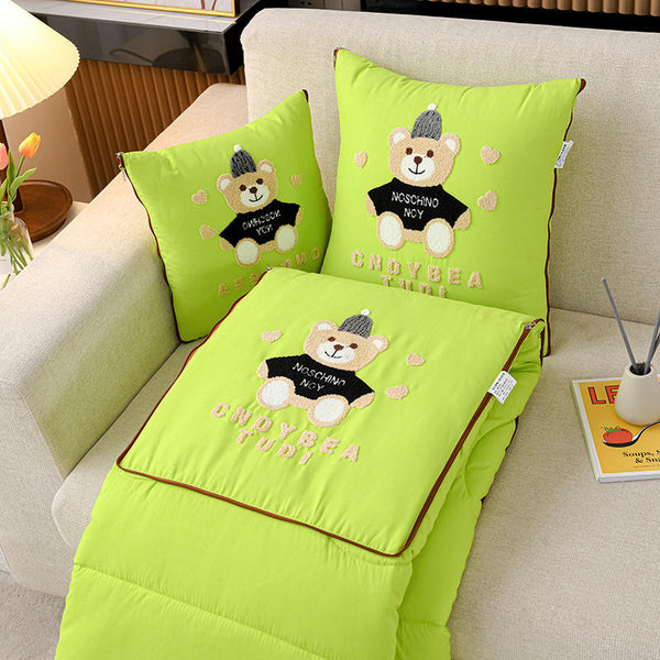 Green Cap Bear 2 In 1 Foldable Car Pillow Blanket Cozy 40X40cm Pillow, Unfolds To 100X150cm Blanket For Travel And Office Naps Pillows