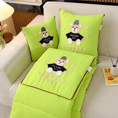 Green Cap Bear 2 In 1 Foldable Car Pillow Blanket Cozy 40X40cm Pillow, Unfolds To 100X150cm Blanket For Travel And Office Naps Pillows