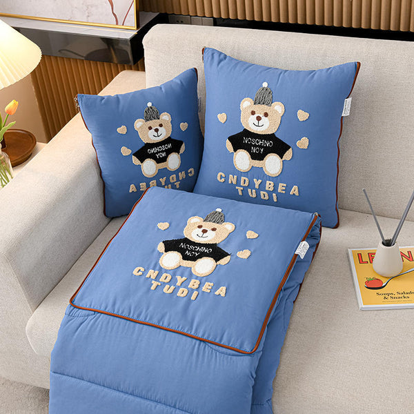 Blue Cap Bear 2 In 1 Foldable Pillow Blanket Cozy 40X40cm Unfolds To 100X150cm For Travel And Office Naps Pillows