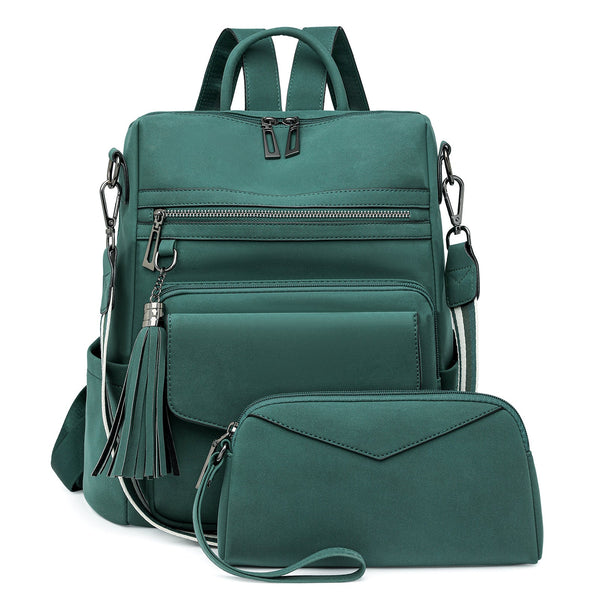 Green Women's Retro Pu Leather Backpack Dual Color Tassel Design Winter High End Style Women Backpacks