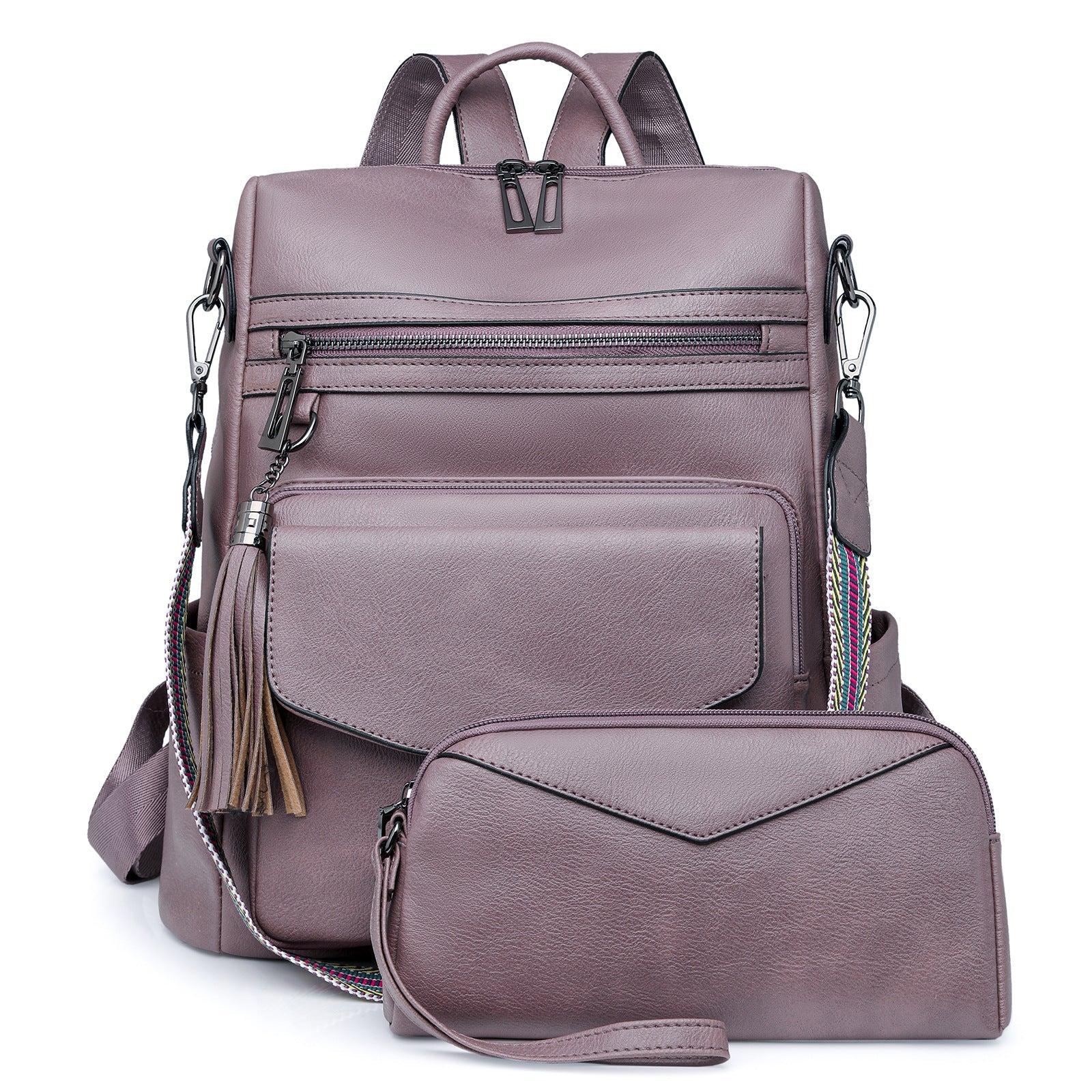 Light Purple Women's Retro Leather Backpack Dual Color Tassel Design Winter High End Style Women Backpacks
