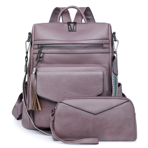 Light Purple Women's Retro Leather Backpack Dual Color Tassel Design Winter High End Style Women Backpacks
