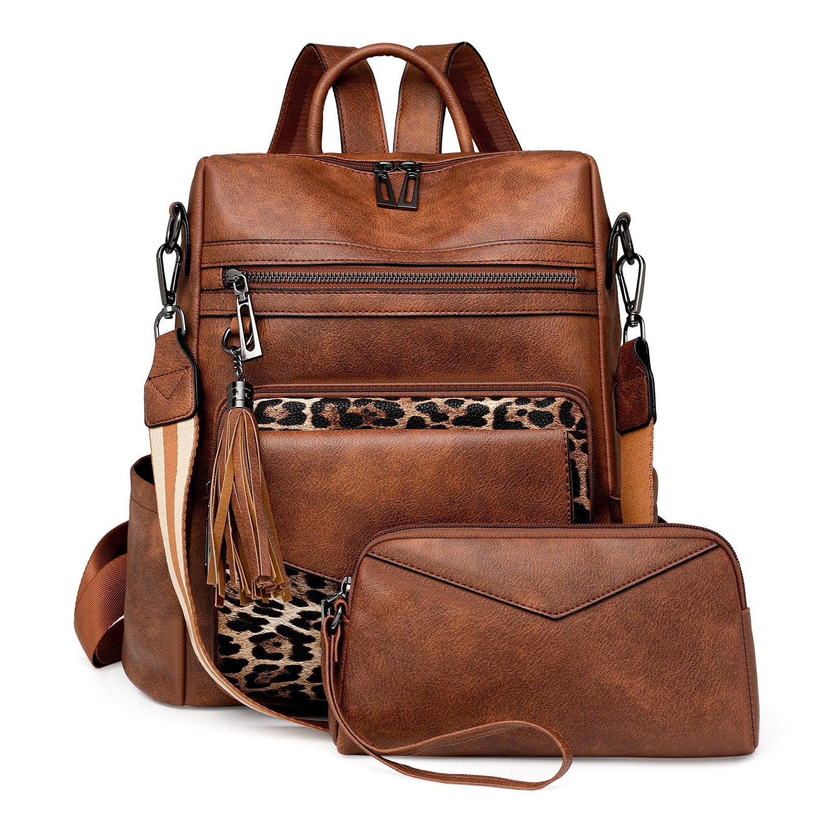 Brown With Leopard Print Women's Retro Pu Leather Backpack Dual Color Tassel Design Winter High End Style Women Backpacks
