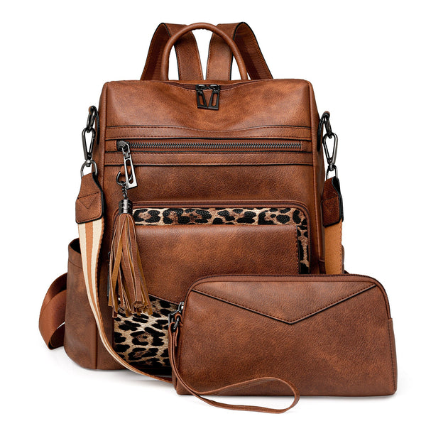 Brown With Leopard Print Women's Retro Pu Leather Backpack Dual Color Tassel Design Winter High End Style Women Backpacks