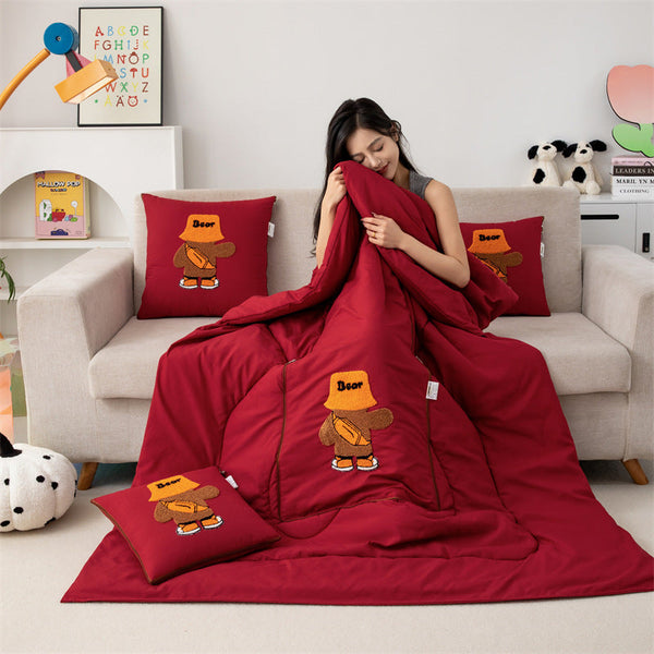 Wine Red Fashion Bear 2 In 1 Foldable Car Pillow Blanket Cozy 40X40cm Unfolds To 100X150cm Pillows
