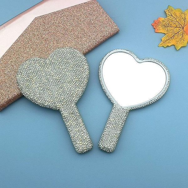 2Pcs White Glamorous Diamond Encrusted Heart Handheld Mirror Luxe High Definition Makeup Essential Makeup Mirrors