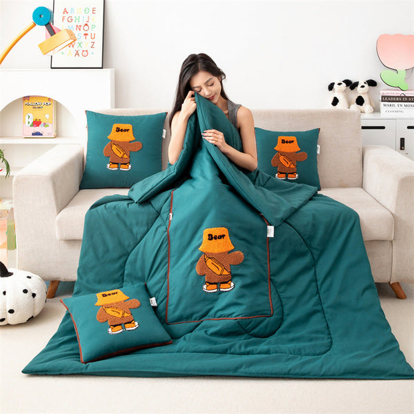 Green Fashion Bear 2 In 1 Foldable Travel Pillow Blanket Cozy 40X40cm Unfolds To 100X150cm For And Office Naps Pillows