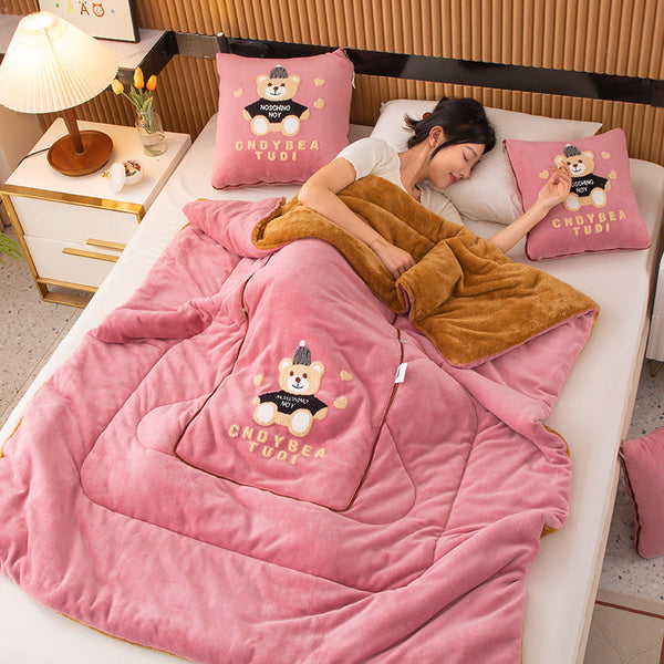 Pink Padded Thickened Hat Bear 2 In 1 Foldable Pillow Blanket Cozy 40X40cm Unfolds To 100X150cm Pillows
