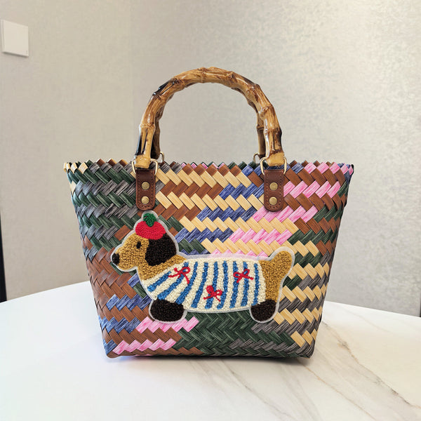 Dachshund Striped Woven Tote Bag Stylish Hand Carry Beach For Women Women's Bags & Handbags