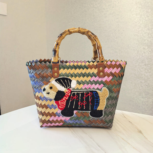 Black Coated Dog Vintage Striped Dachshund Woven Tote Bag Stylish Hand Carry Beach For Women Women's Bags & Handbags