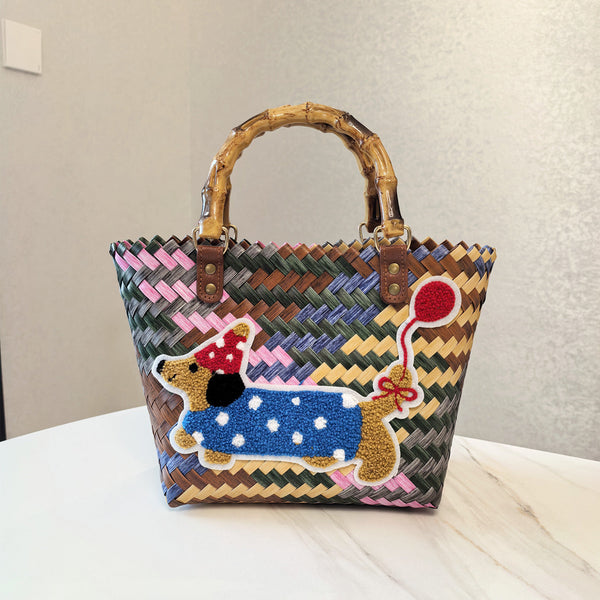 Red Balloon Dog Vintage Striped Dachshund Woven Tote Bag Stylish Hand Carry Beach For Women Women's Bags & Handbags