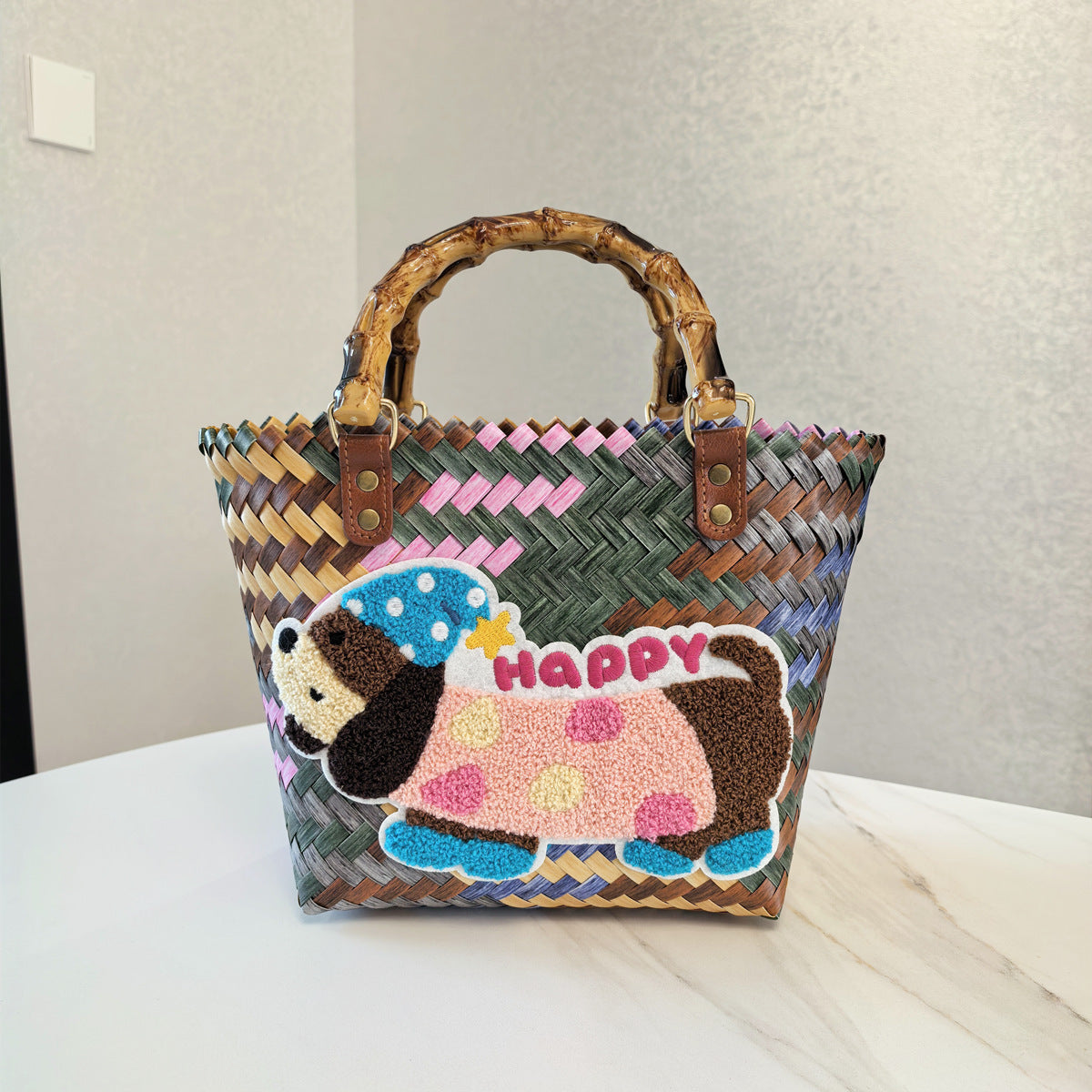 Happy Dog Vintage Striped Dachshund Woven Tote Bag Stylish Hand Carry Beach Bag For Women Women's Bags & Handbags