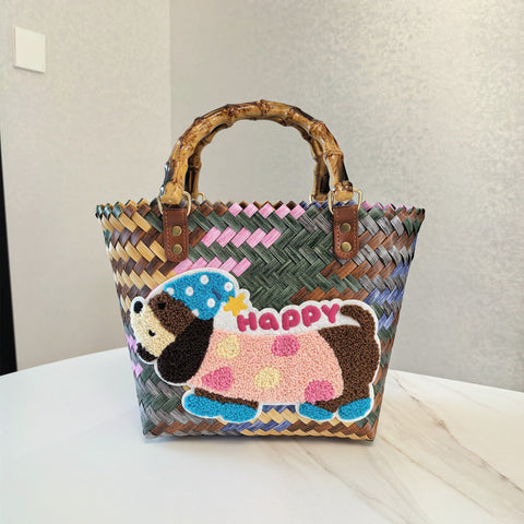 Happy Dog Vintage Striped Dachshund Woven Tote Bag Stylish Hand Carry Beach Bag For Women Women's Bags & Handbags