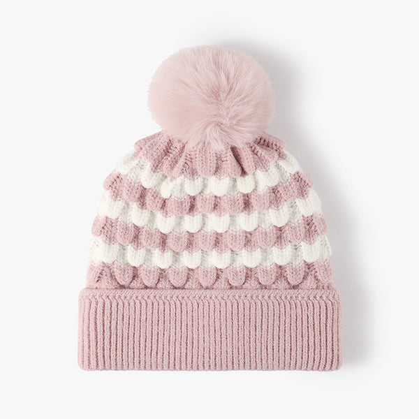2 Pcs Pink Stylish Two Tone Pom Ear Warmer Knit Hat Lined For Women Hats