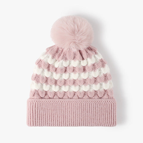 2 Pcs Pink Stylish Two Tone Pom Ear Warmer Knit Hat Lined For Women Hats
