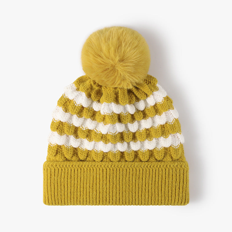 2 Pcs Yellow Stylish Two Tone Pom Ear Warmer Knit Hat Lined For Women Hats