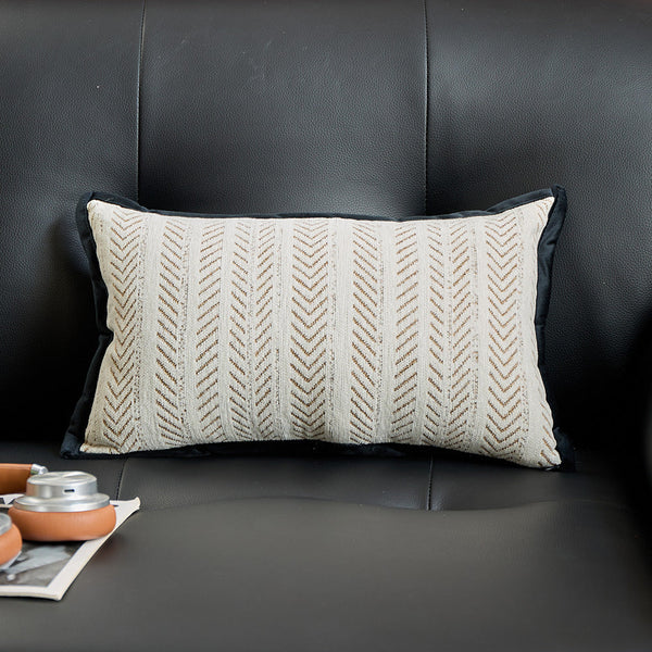 Black Beige 2Pcs Luxe Thick Chenille Herringbone Pillow Cover Solid Color Square Lumbar Pillows