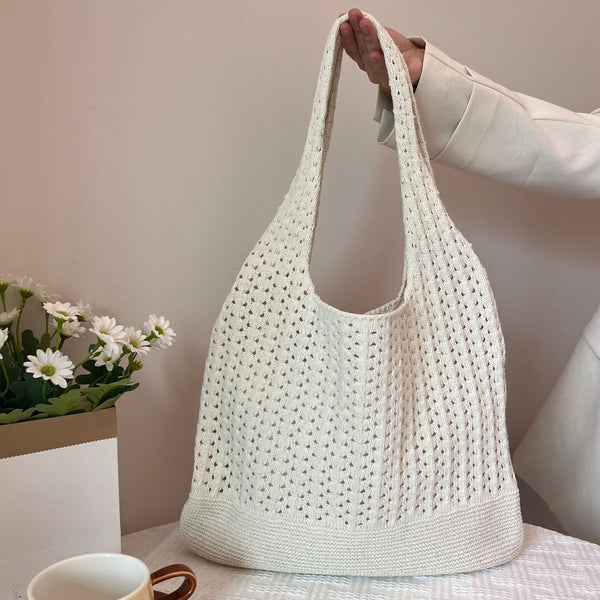 White Handwoven Knitted Tote Bag Vintage Style Shoulder Women's Bags & Handbags