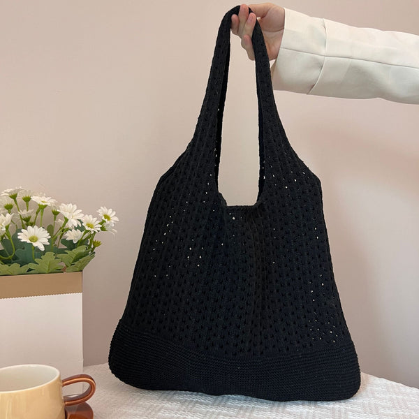Black Handwoven Knitted Tote Bag Vintage Style Shoulder Women's Bags & Handbags