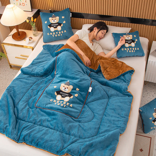 Lake Blue Padded Thickened Hat Bear 2 In 1 Foldable Car Pillow Blanket Cozy 40X40cm Unfolds To 100X150cm For Travel And Office Naps Pillows