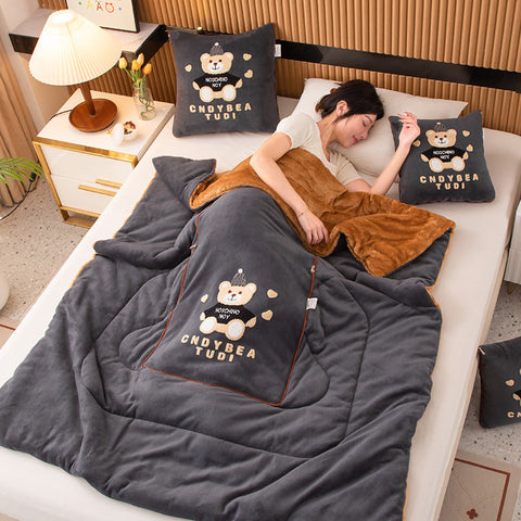 Grey Padded Thickened Hat Bear 2 In 1 Foldable Car Pillow Blanket Cozy 40X40cm Pillow Unfolds To 100X150cm Blanket For Travel And Office Naps Pillows