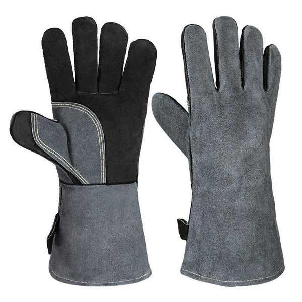 Black Grey 14 Inch Premium Leather Bbq Gloves Heat Resistant Up To 500 Degree Oven Mitts & Potholders