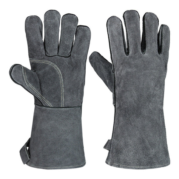 Grey 14 Inch Premium Leather Bbq Gloves Heat Resistant Up To 500 Degree Oven Mitts & Potholders