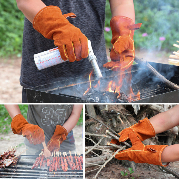 Grey 14 Inch Premium Leather Bbq Gloves Heat Resistant Up To 500 Degree Oven Mitts & Potholders