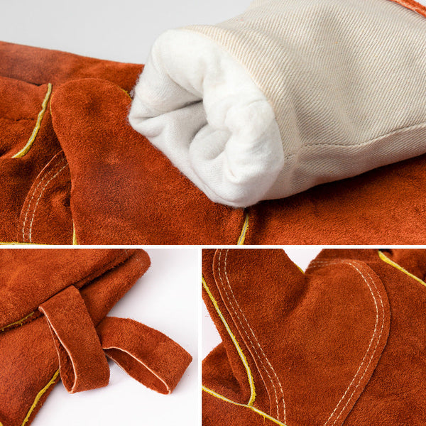 Grey 14 Inch Premium Leather Bbq Gloves Heat Resistant Up To 500 Degree Oven Mitts & Potholders