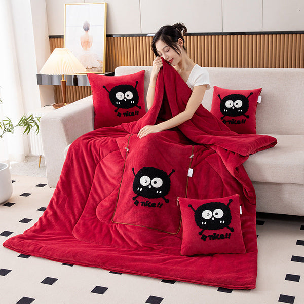 Wine Red Padded & Thickened Elf 2 In 1 Foldable Car Pillow Blanket Cozy 40X40cm Unfolds To 100X150cm Pillows