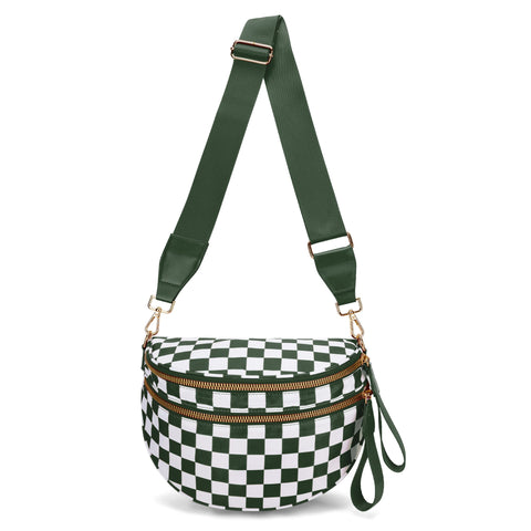Black And White Checkered Trendy Sling Bag Women's Crescent Crossbody Purse With Wide Adjustable Strap Women's Bags & Handbags