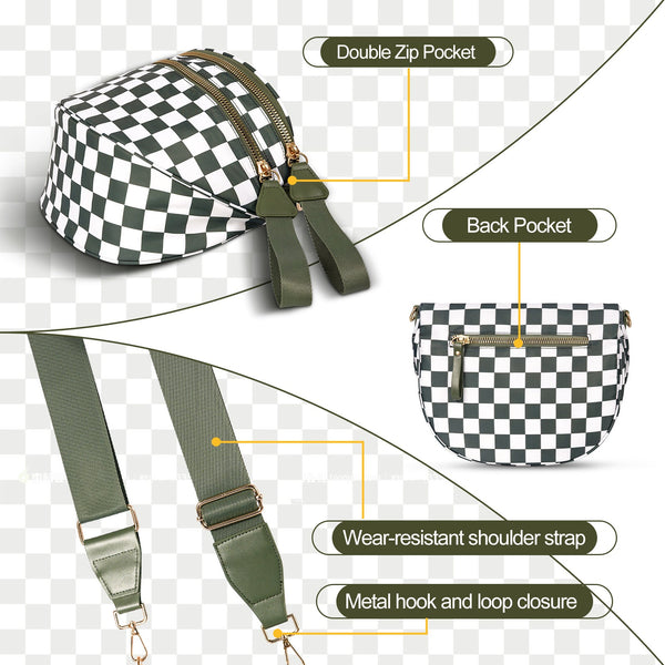 Black And White Checkered Trendy Sling Bag Women's Crescent Crossbody Purse With Wide Adjustable Strap Women's Bags & Handbags