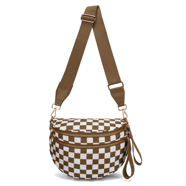 Brown Checkered Trendy Sling Bag Women's Crescent Crossbody Purse With Wide Adjustable Strap Women's Bags & Handbags