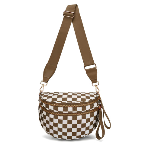 Brown Checkered Trendy Sling Bag Women's Crescent Crossbody Purse With Wide Adjustable Strap Women's Bags & Handbags