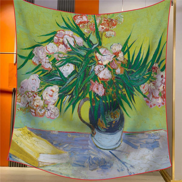 Oleander Elegant Artistry Shawl Large 130Cm Square Scarf With Oil Painting Print & Hand Rolled Hem Scarves & Wraps